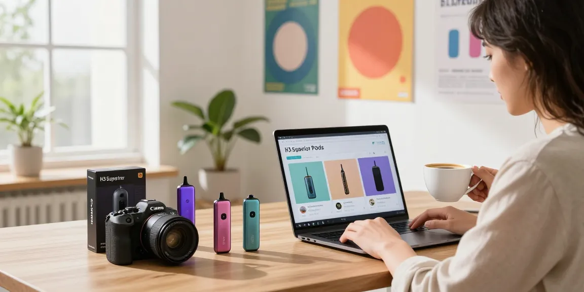 H3 Superior Pods kaufen in modernem E-Commerce-Setup mit stilvollen Verpackungen und zufriedenen Kunden.