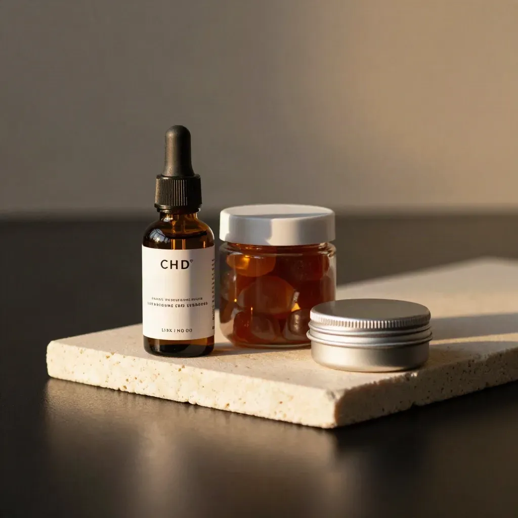 CBD oil bottle, gummies jar, and balm tin on a cream slab in dramatic studio light