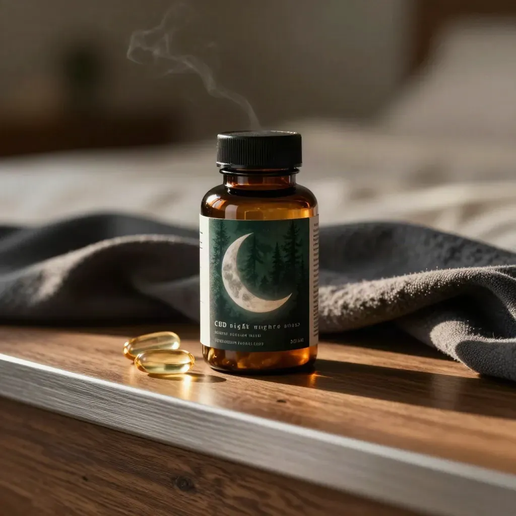 Unlabeled CBD softgels bottle with capsule crescent and charcoal cloth on walnut, green blur